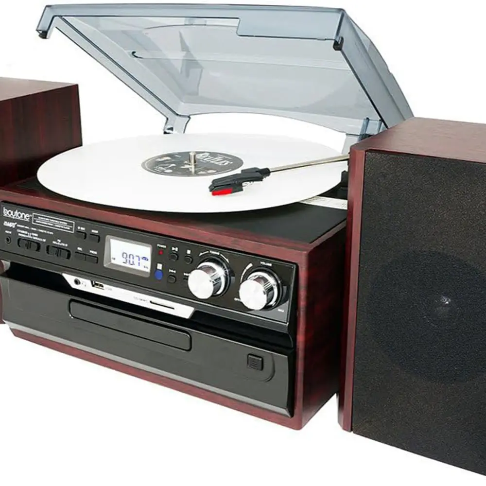 Boytone BT-24DJM Mahogany Bluetooth Stereo Turntable Music Player - AM/FM Radio, CD/Cassette Player, Digital Music Support, Bluetooth Speakers, Vinyl Records Compatibility, Remote Control, LCD Screen, Usb Slot