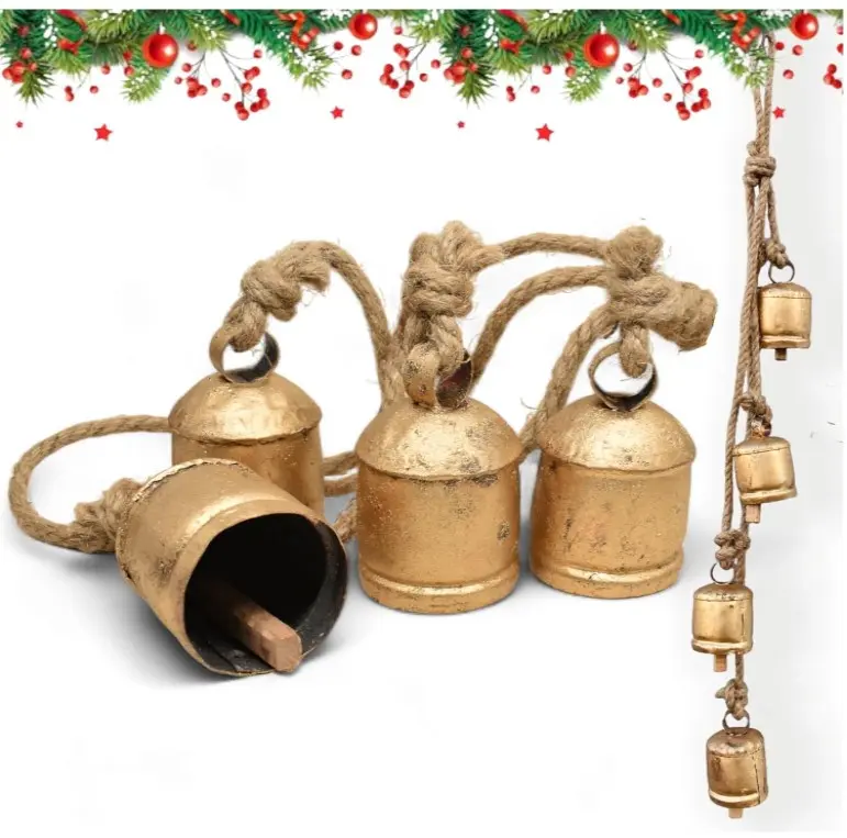 Shabby Chic Vintage Style Harmony Country Style Bells Christmas Decor Mantle Wreath Lucky Charm Christmas Bells, Rustic Decorative Bell 4 Hanging Bells, Brass Gold Cowbells with Jute Rope