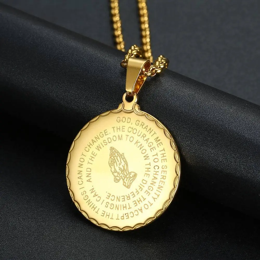 Men's Retro Hip Hop Religious Statement Necklace - Stainless Steel Base with Gold-Plated Circle Chains, Daily Wear Necklace with Unique Prayer Motif Round Pendant, Meaningful Gifts Jewelry Accessory, Religious Necklace