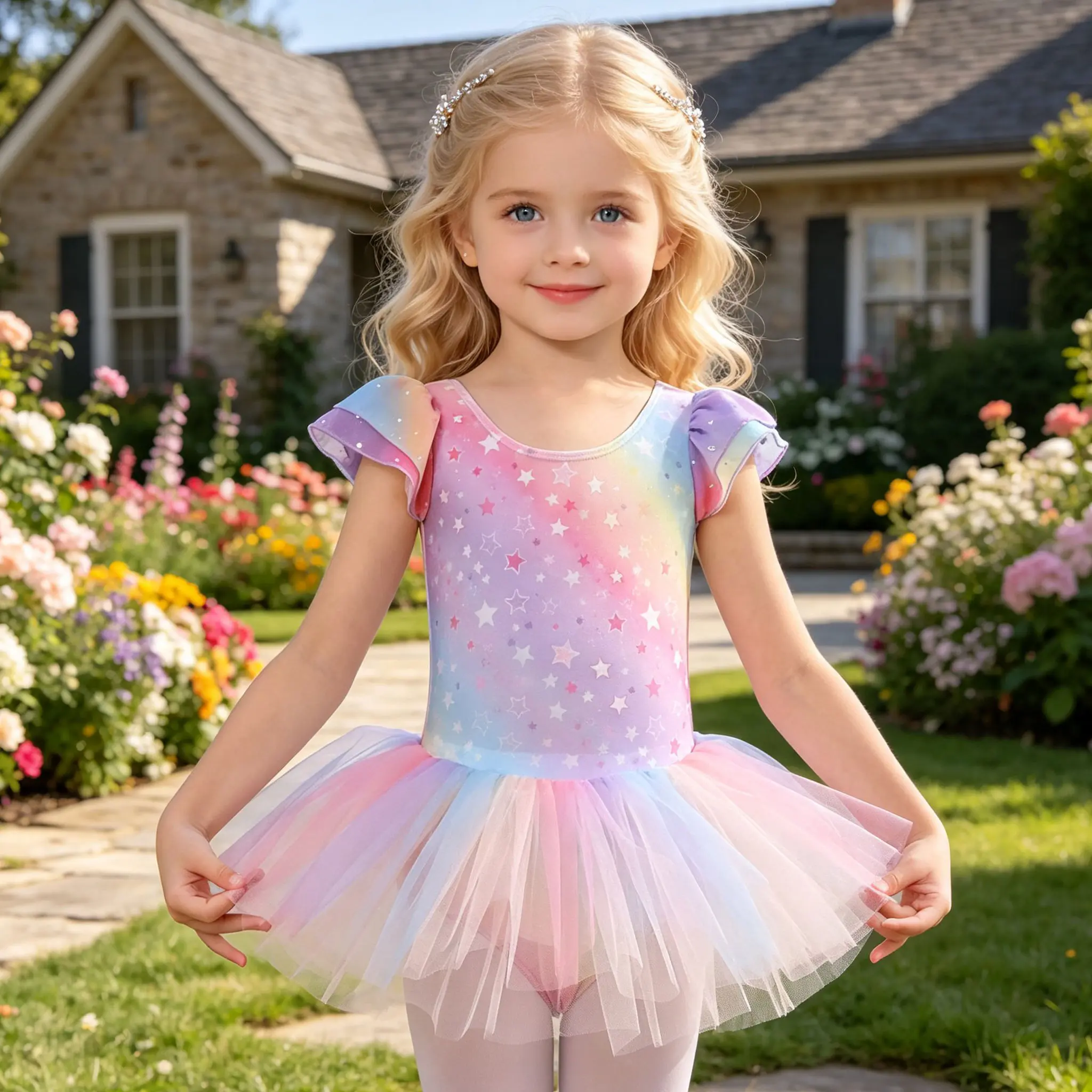 Girls Flutter Ruffle Sleeve Rainbow Star Ballet Tutu Dress Leotard Gradient Pastel Tulle Skirt Kids Gymnastics Recital Fairy Dance Costume Toddler Training Outfit