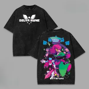Deltarune The Trio Kris Susie Ralsei Graphic Tee,Vintage Washed Heavy Cotton Oversized Top,Dark Anime Retro Game Streetwear,Loose Fit Soft Breathable Casual Hip Hop Fashion Unisex Daily Wear For Men Women