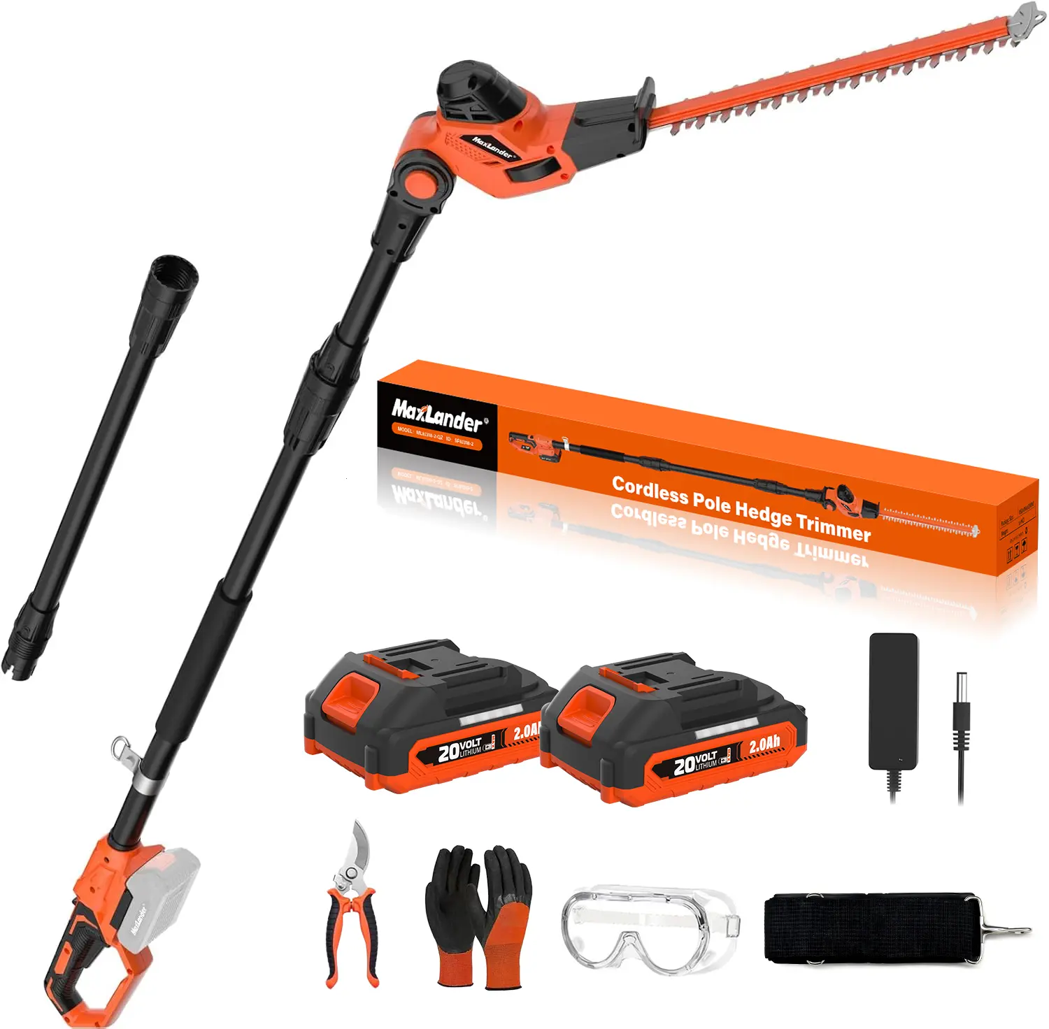 MAXLANDER 2-in-1 Cordless Extension Pole Tool - 8-in Chainsaw, 18-in Hedge Trimmers, 15-ft Max Reach, 16-ft/s Speed, 20V Tool with 2.0Ah Batteries, Charger, Trigger Control, 1500SPM Fast Cutting Motor, Rubber Grip, Auto Oil System for Branches
