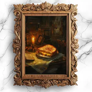 Grilled Cheese in Mysterious Room, Surreal Art, Whimsical Kitchen Decor, Food Wall Art, Mysterious Room, Dark kitchen prints, Quirky Art, bar cart art, Home Decor