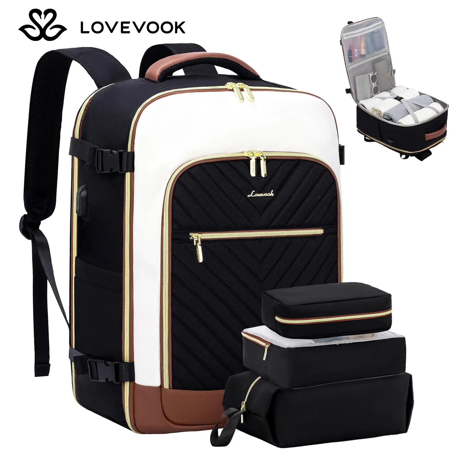 LOVEVOOK Travel Backpack for Women Fits 17.3 Laptop , Personal Item Travel Bag With 3 Packing Cubes, Large Travel Backpack Carry on Flight Approved