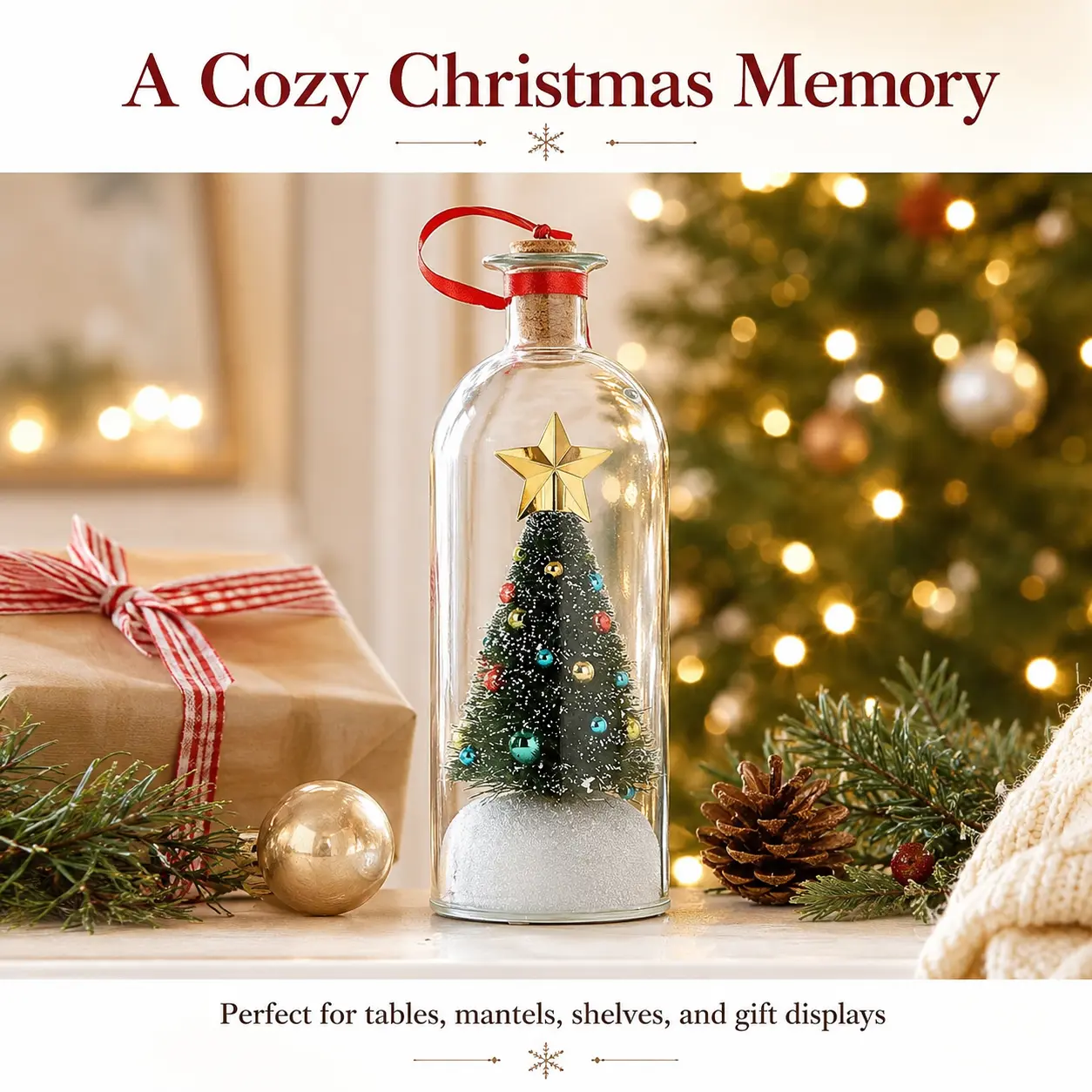 Recordable Christmas Tree Message in a Bottle, Personalized Voice Playback Glass Bottle Ornament with Pull-Cork Playback, Snowy Mini Tree Holiday Keepsake Gift for Family, Friends & Loved Ones