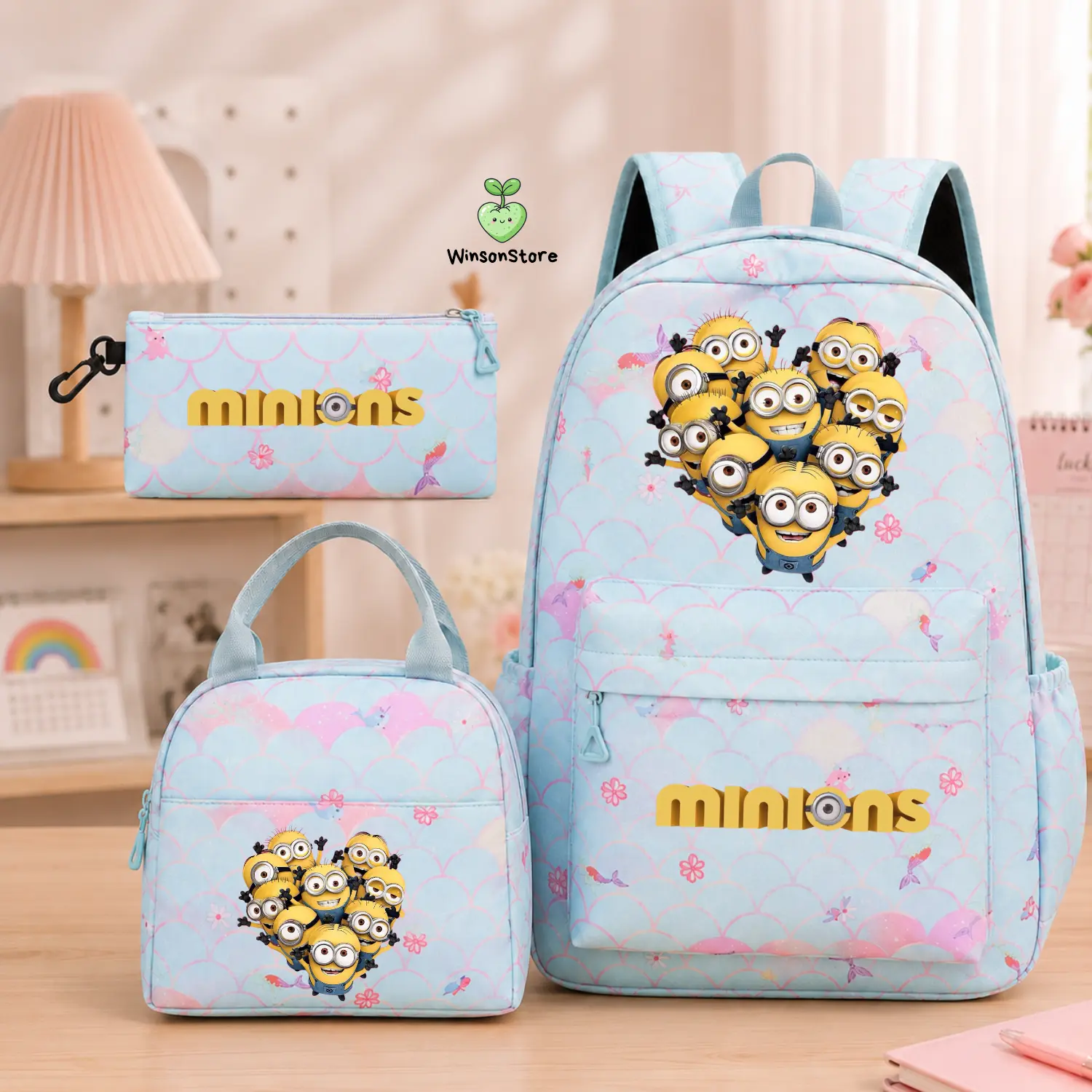 Minions 3PCS Kids Backpack Set with Lunch Bag & Pencil Case | Cartoon School Backpack for Boys Girls | Cute Bookbag Back to School Gift