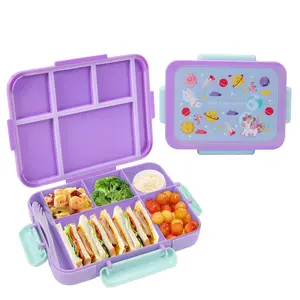 Nifogo Kids Bento Box with 5 Compartments, Leakproof Lunch Container with Tableware & Sauce Box, Microwave Dishwasher Freezer Safe BPA Free 40oz Purple&Blue