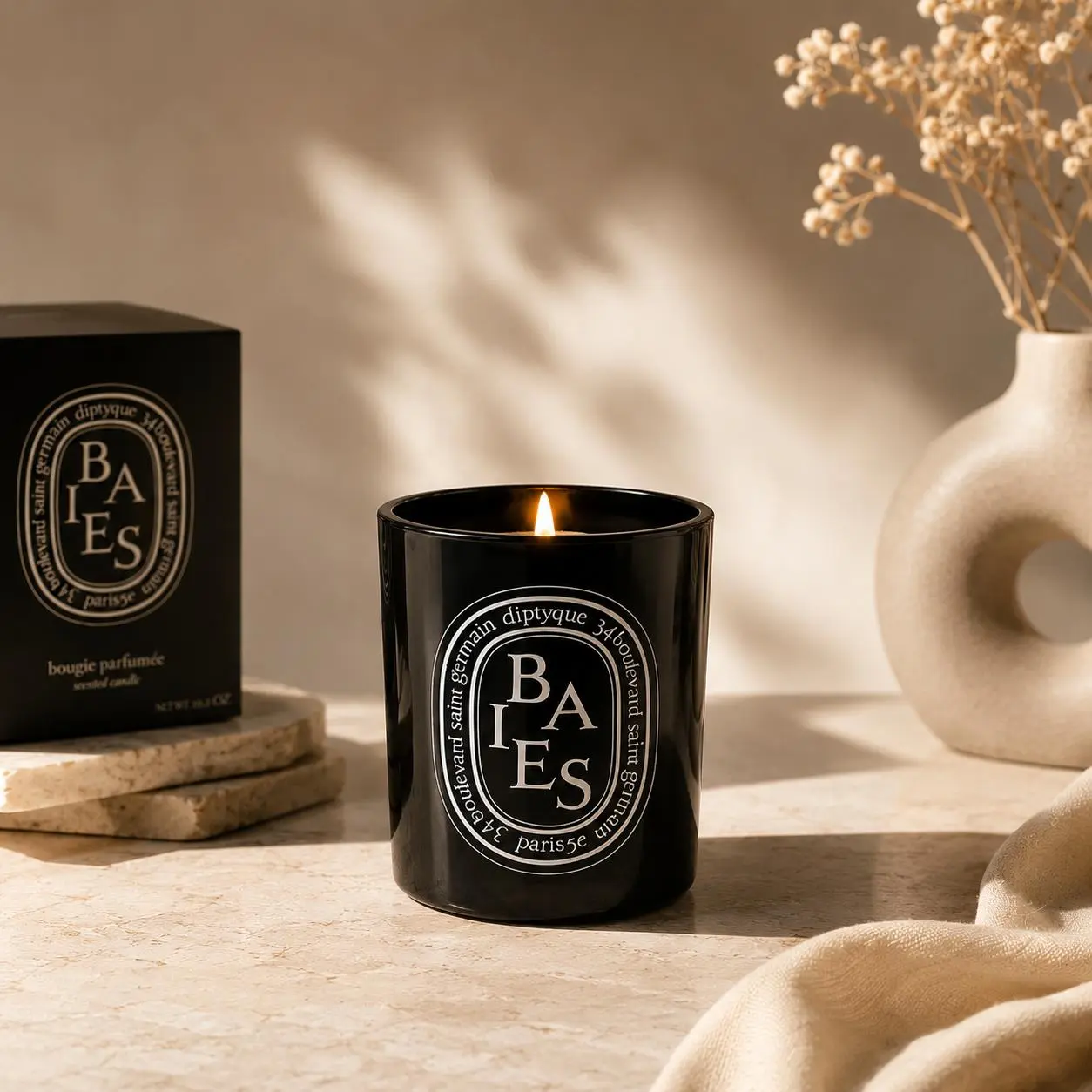 Diptyque Baies Luxury Candle 10.2 oz – Rich Floral Fragrance, Stylish Black Glass, Ideal for Home & Gift Giving