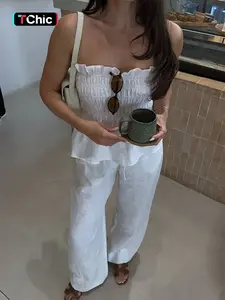 Pure Color Solid Casual Aesthetic Feminine Crop Top with Ruffled Hem, Wide Leg Long Pants Set, Sleeveless Fitted, Natural Waist, Plain Style, Womenswear