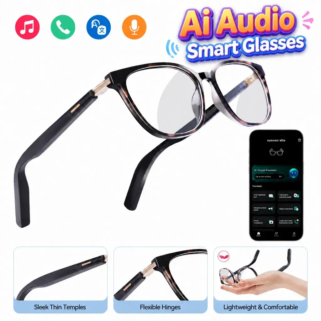 AI Smart Glasses with ChatGPT, Real-Time Translation, Bluetooth Audio & Calls, Open-Ear Music, Auto-Tint Photochromic Lenses, UV Protection for Travel, Work & Sports，Gifts for Men&Women