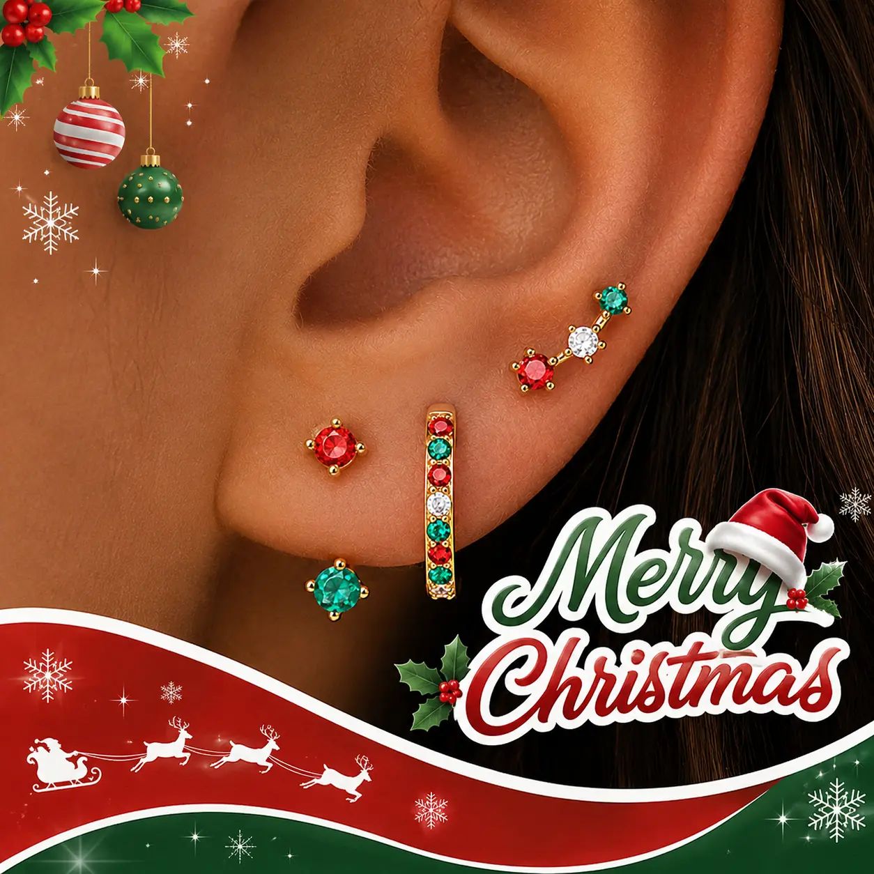 3 Pcs Dainty Small Earrings Set for Christmas, Birthstone Stud Huggie Hoop Jacket Stack for Cartilage Helix, Gold Plated Hypoallergenic Cute Women Fashion Accessories Western Jewelry Gifts
