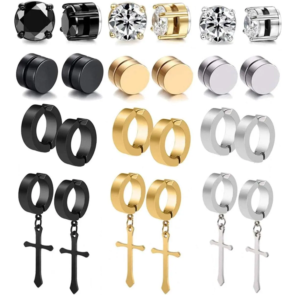 12-Pair Nickel-Free Steel Clip-On Earrings Set - Elegant Minimalist Earrings, CZ Dangle Clips, Hypoallergenic Comfortable Fake Piercing Unisex Men's Accessories & Accessories for Women Gift-Ready Fashion Jewelry
