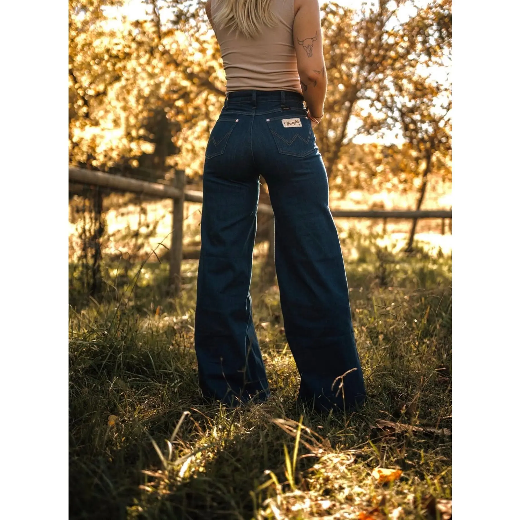 Wrangler Lainey Punchy Deep Sea Jeans, Wide Leg, Embroidered, Cotton, Bottom, Western Wear For Women, Elevated Basics, High Rise, Loose Fit, A-Line Cut, Lainey Coin Detail, Belt, Stretch For Bends, Comfy, Clothes, Pocket, Western Clothing, Country Clothin