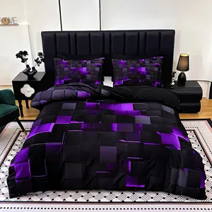 A 3-piece fashion and technology checked Modern bedding set, available in red, blue and purple, in four sizes . This digitally printed bedding set contains 1 quilt cover and 2 pillowcases, but does not include quilt padding.