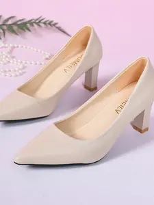 Women's Pointed Toe Solid Color Textured Comfortable Simple Commute Business Versatile Work Slip-On High Heel Single Shoe