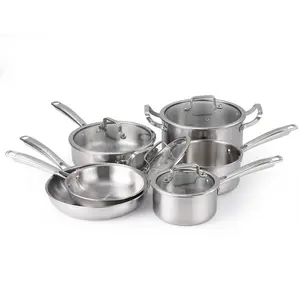 Premium 3-Ply Stainless Steel Cookware Set - Even Heat Distribution - Induction and Oven Safe, PFOA-Free Surface, Includes Frying Pans, Saucepans, Skillet, and Stockpot with Lids - 10-Piece Set, Suitable for All Stove Tops