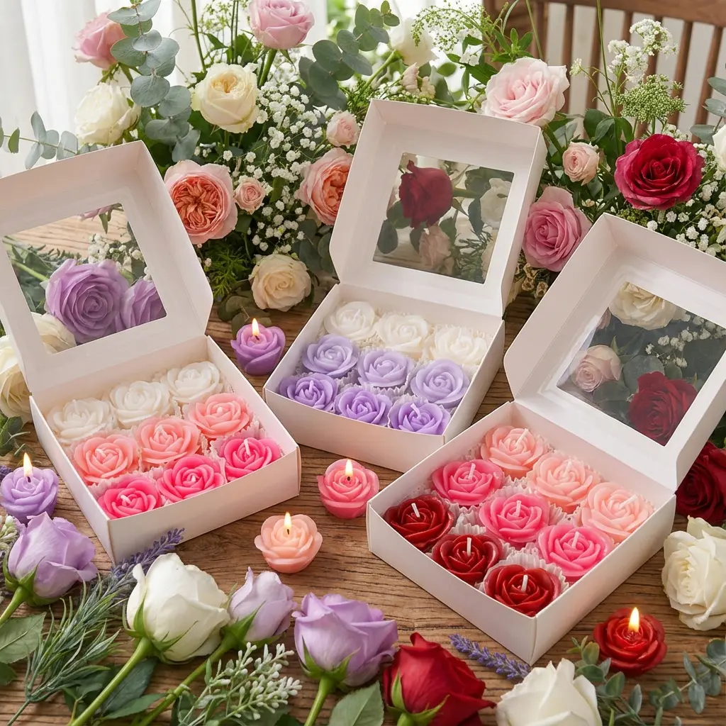 1 Box Set of 9pcs Rose Flower Candles, Scented Soy Wax Handmade Candles, Ombre Combination Floating Candles, Floral Candle for Home Decoration