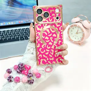 Women's 2-Piece Luxury Leopard Print Glitter Square Phone Case & Beaded Bracelet Set - MagSafe-Compatible, Full-Body Shockproof Protective Cover for iPhone 14/15/16/17 Pro Max