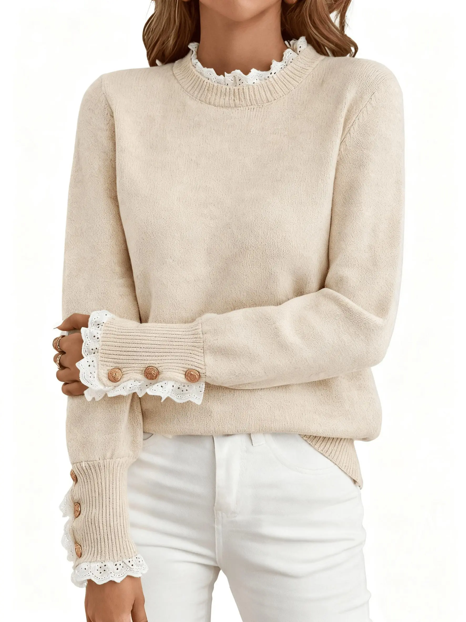 Yukari Women's Coquette Lacy Knit Crew Neck Sweater - Breathable Loose Fit Long Sleeve Pullover Top with 3D Texture, Knitting, Chic, Nylon, Versatile Look, Plain, 3D Textured, Chic Look, Lightweight