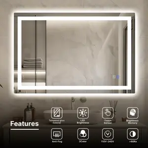 LED Bathroom Vanity Mirror-Anti-Fog, Dimmable Rectangle Mirror with Front & Backlight Light, Smart Memory Function, Tempered Glass, Over Sink LED Bathroom Mirror Lights with Touch Control, 3-Color, Make Up, Hallways,Barber Shop