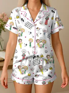 The Golden Girl Satin Pajamas Set, Golden Girls Classic Role Printed Lapel Short Sleeve Shorts Pajama Set, Comfortable Wearable Party Gift Homewear, All Seasons Casual Style