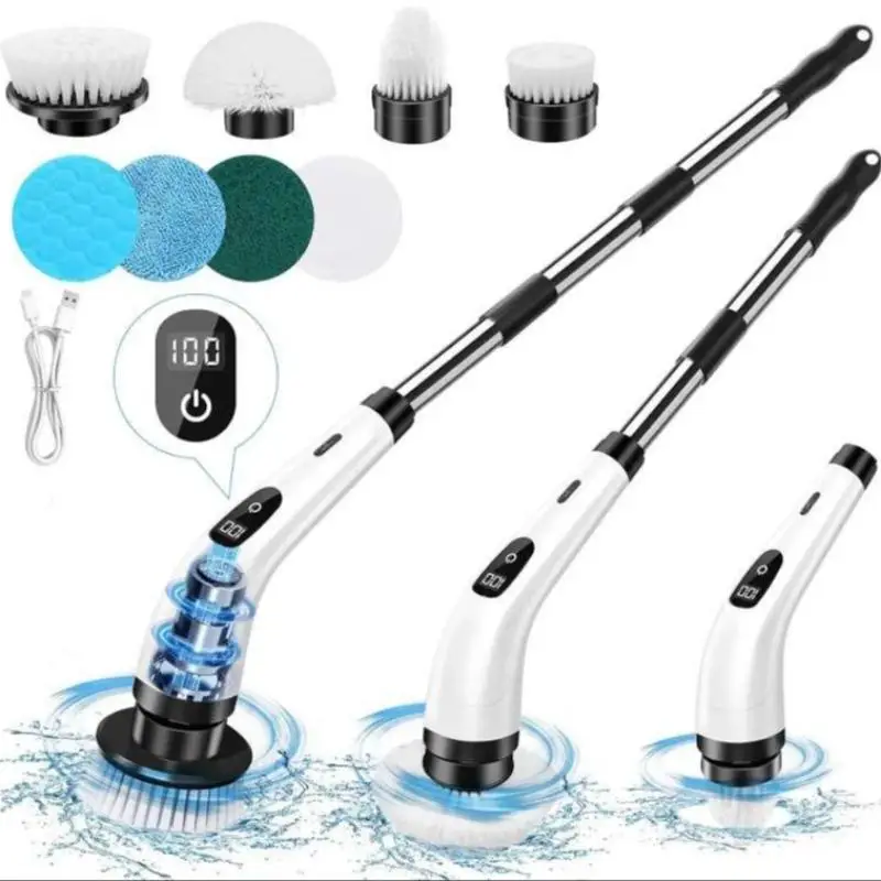 Electric Cleaning Brush, 1 Set USB Charging Rotary Cordless Scrubber with 8 Brush Heads, Adjustable Handle Cleaning Brush for Bathroom, Kitchen, Clean