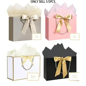 Set of 1/5 Horizontal Gift Bags with Ribbon & Card, Portable Paper Handle Bags for Birthdays, Weddings, Mother's Day Gifts, Party Gift Packs