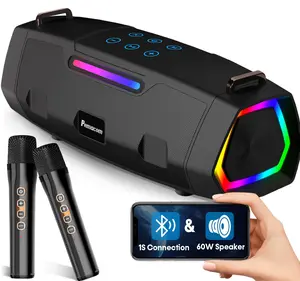 Pemacom Portable Bluetooth Karaoke Machine - 60W Powerful Speaker with 2 Wireless Microphones, RGB Lights, Lightweight with Shoulder Strap, Perfect for Adults & Kids, Home & Outdoor Party