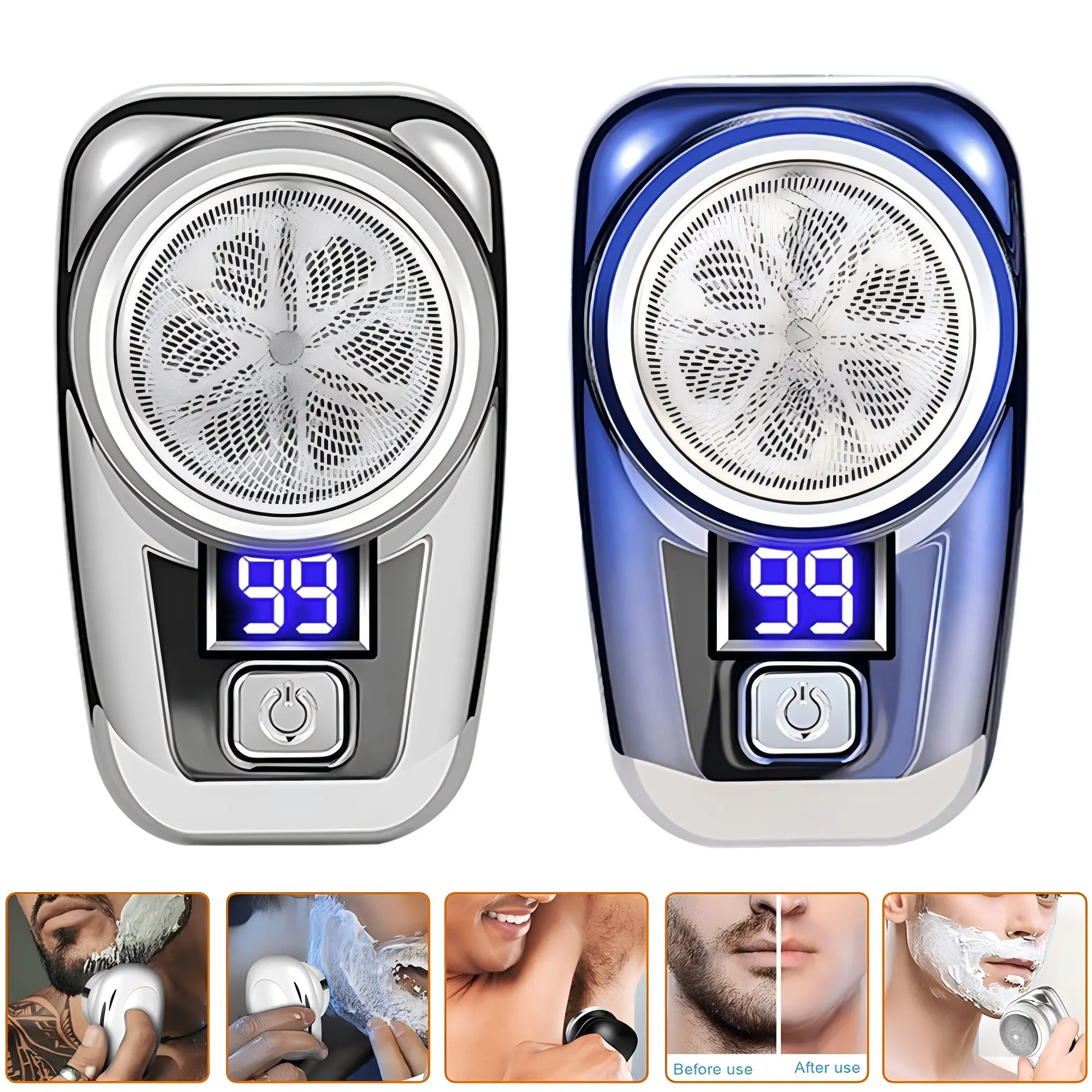 Men's Premium Electric Mini Shaver - Multifunctional Hair Shaver, Cordless Waterproof Washable Beard Trimmer, USB Rechargeable Razor with LCD Display, Travel-Size Barber Equipment, Includes Cleaning Brush, Silver (Without Box)