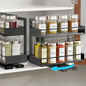 Spice Rack Organizer for Cabinet - 2 Pack Rotate Pull Out Spice Racks for Easy Access, Adjust to Fit 4 oz to 8 oz Spice Jars, Peel and Stick, 10.2" D for Small Cabinet