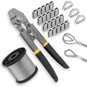 Wire Rope Crimping Tool Kit,165FT Wire Rope Kit,1/16" Stainless Steel  with 150 count Aluminum Crimping Loop Sleeve, 20 count Wire Rope Thimble