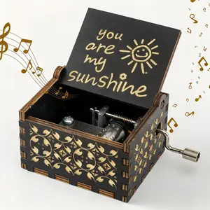 You Are My Sunshine Wooden Music Box Decoration, Hand Crank Vintage Laser Engraved Letter Sun Pattern Mini Musical Box Metal Movement, Retro Carved Keepsake for Birthday Wedding Anniversary Gift for Her Him Loved Ones Room Decor Lightweight Ornaments