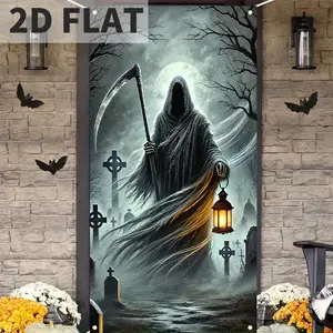 2D FLAT Banner Door Banner Spooky Headless Reaper Halloween Door Banner, Polyester, Versatile for Scary Halloween or haunted house Entrance Decorations