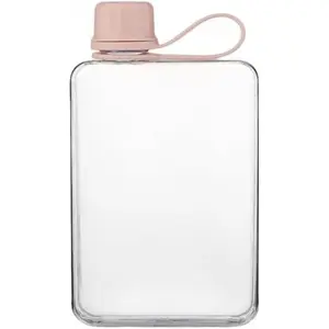 Flat Water Bottle Travel Flask Portable 17 oz Square Water Bottles Leakproof Slim Water Bottle for Purse Travel Pocket Sports Fitness (Pink, 17 Ounces)