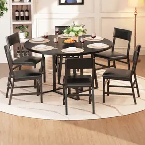 Dining Room Table Set for 6, 7-Piece Kitchen Table Chairs for 6, 47'' Round Dining Room Table Set with 6 Chairs, Space Saving Dining Table with Wood for Kitchen, Living Room, Black