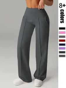 Women High-Waisted Stretch Yoga Pants, Ab Control, Elastic Waist, Straight Leg, Gym, Running, Quick Dry, All Season, Comfortable, Pocket Design