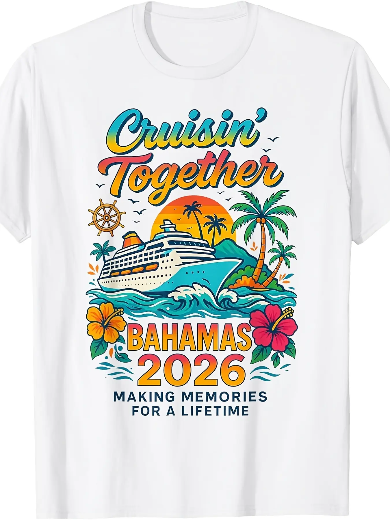 Men's 2026 Spring & Summer Collection Classic Vibrant Tropical Paradise Round Neck Short-Sleeve Graphic Tshirt, Breathable Menswear Fabric, Casual Fit for Bahamas Cruise Outfits, All Seasons Wear