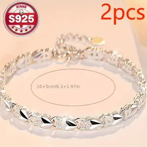2 PCS Elegant 925 Sterling Silver Bracelets - Vintage Style, Perfect Match With Casual Clothing And Valentine's Day Gifts