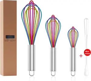 Whisk,Professional Whisks For Cooking Non Scratch,Stainless Steel &  Wisk,Plastic Rubber Whisk Tool For Nonstick Cookware,Silicon Wisks Set of 3,Rainbow,for Blending,Colorful.