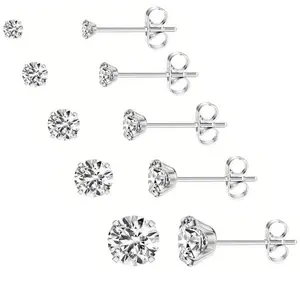 5 Pairs Stainless Steel Stud Earrings Set - Inlaid Shiny White Zirconia, Ear Cartilage Piercing Jewelry