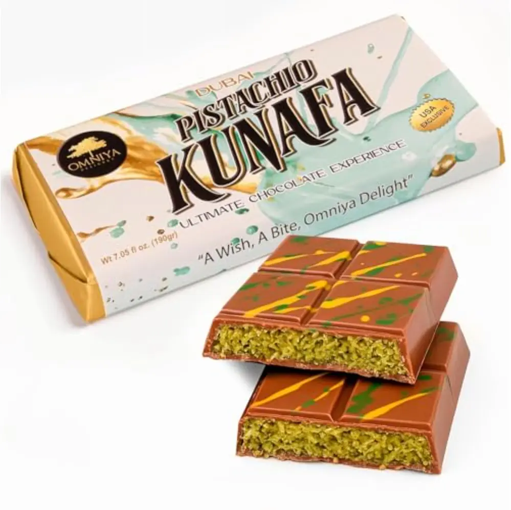 OMNIYA Dubai Pistachio Kunafa Chocolate Bar 190g | Viral Middle Eastern Dessert | Belgian Chocolate & Real Pistachios | Luxury Gift Sweet Treat