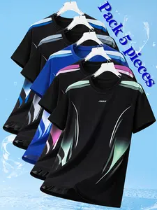 Men's Casual Sports T-Shirt Pack of 5, Summer Quick-Dry Fabric Men's Athletic Shirt, Stretch Breathable Printed Men's Workout Training Top Short Sleeve Tee, Suitable for Sports Outdoor Casual Wear, Gym Running Exercise Attire, Also Makes a Great Gift
