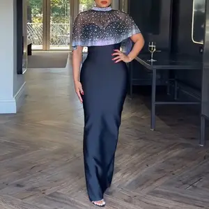 ChicMe 2 Pieces Outfit Zipper Back Slit Slim Fit Strapless Maxi Dress and Rhinestone & Pearls Decor High Neck Zipper Back Sheer Mesh Poncho Cape for Wedding Guest & Wedding