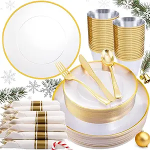 Clear/Gold/Silver/Rose Disposable Plates and Silverware Set: Dinner Plates,Dessert Plates, Cups, Knife, forks, spoons-Perfect for Party