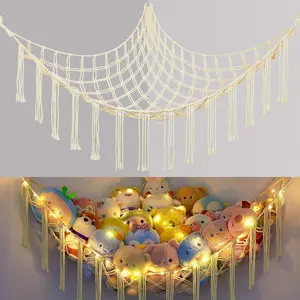 Stuffed  Net or Hammock with LED Light, Hanging Stuffed  Storage  Hammock Net Corner Wall Girls Room Decor  Storage Organizer, Cream, L