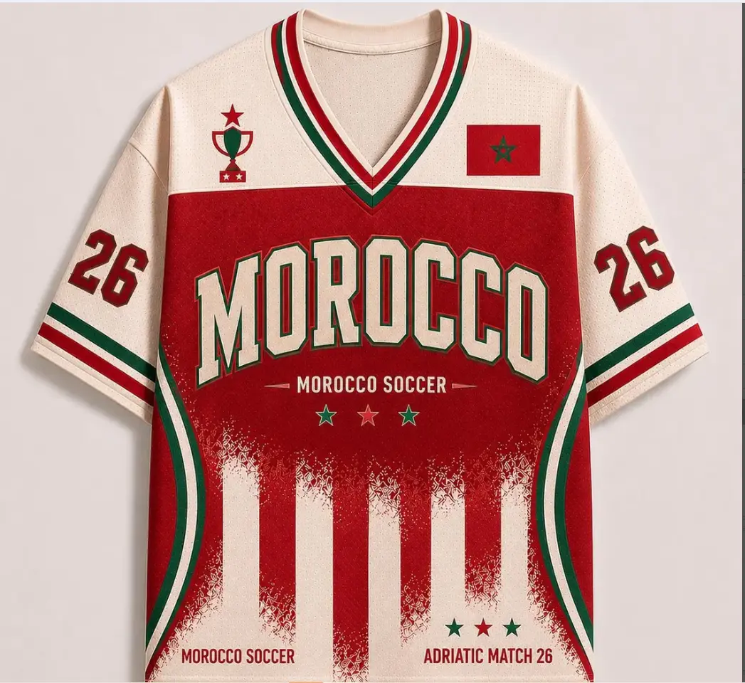 Morocco Soccer Jersey Match 26, Moroccan Football Fan Shirt, Red Cream Game Day Jersey, Morocco Supporter Gift for Men Women