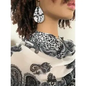 White Paisley and Cheetah Print Scarf with Matching Earrings - Cheetah Hair Wrap - African Head Turban - Neck Scarf - Shawl - Long Tassel Earrings