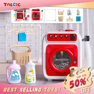 Kids Toy Washing Machine, Realistic Pretend Play Appliance for Girls, Interactive Toy Dollhouse Furniture, Play Washer Playset with Spinning Drum, Light & Sound Effects, Laundry Basket Set
