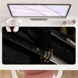 [Mouse Desk Pad] Non-Slip Mouse Pad Large Gaming Mouse Pad With Rubber Base & Stitched Edge Black Golden Samurai Katana Design Desk Top Protector Mat For Home Office Use And Holiday Gift Idea