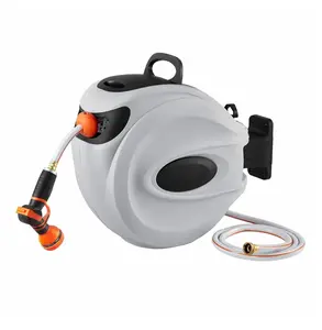 Retractable Garden Hose Reel 65ft x 5/8in, Wall Mounted, Automatic Rewind, 9-Pattern Nozzle, 180 Swivel, Slow  65 Ft